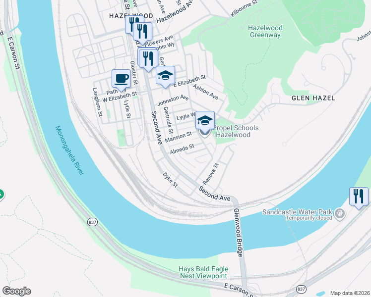 map of restaurants, bars, coffee shops, grocery stores, and more near 250 Mansion Street in Pittsburgh