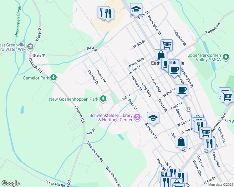 map of restaurants, bars, coffee shops, grocery stores, and more near 319 Blaker Drive in East Greenville