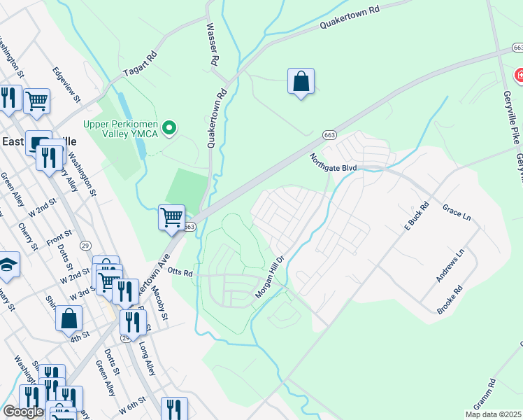 map of restaurants, bars, coffee shops, grocery stores, and more near 2117 Danville Drive in Pennsburg