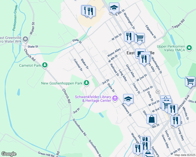 map of restaurants, bars, coffee shops, grocery stores, and more near 319 Blaker Drive in East Greenville