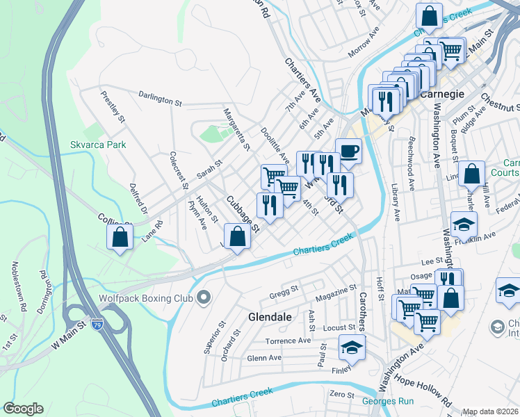 map of restaurants, bars, coffee shops, grocery stores, and more near 503 5th Avenue in Carnegie