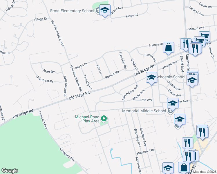 map of restaurants, bars, coffee shops, grocery stores, and more near 412 Old Stage Road in East Brunswick