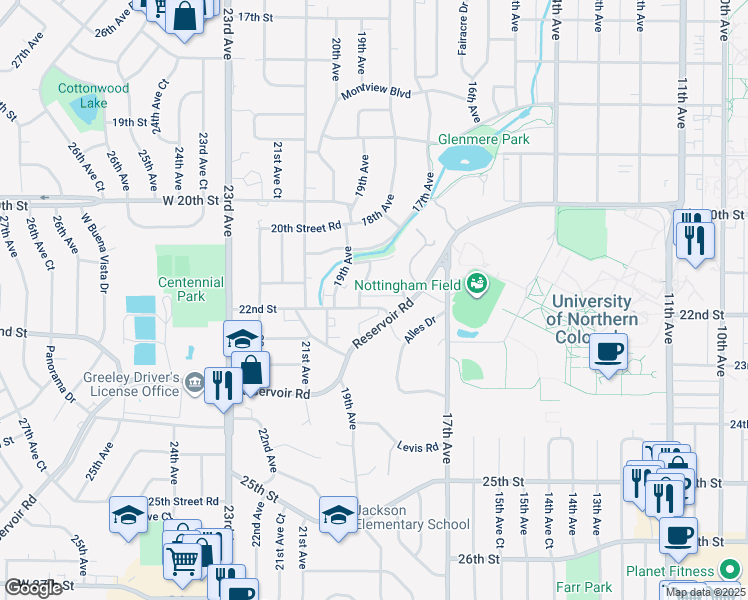 map of restaurants, bars, coffee shops, grocery stores, and more near 1817 21st Street Road in Greeley