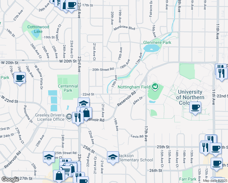 map of restaurants, bars, coffee shops, grocery stores, and more near 2124 19th Avenue in Greeley
