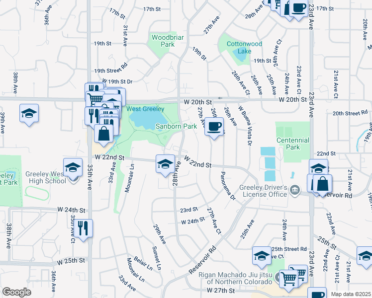map of restaurants, bars, coffee shops, grocery stores, and more near 2133 28th Avenue Court in Greeley