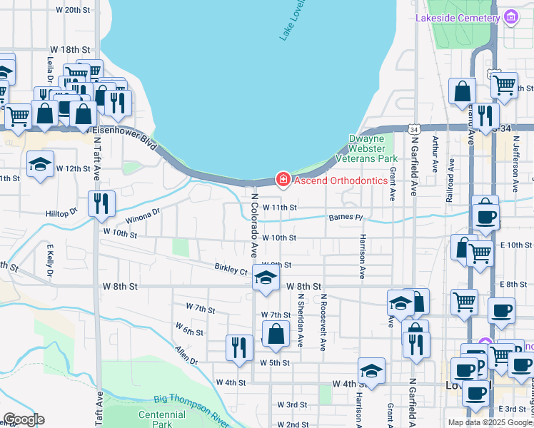 map of restaurants, bars, coffee shops, grocery stores, and more near 751 West 11th Street in Loveland