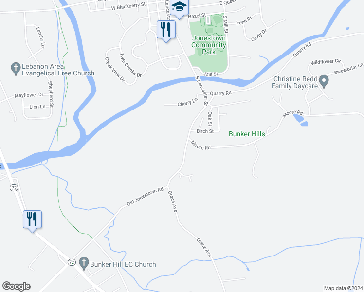 map of restaurants, bars, coffee shops, grocery stores, and more near 433 South Lancaster Street in Lebanon