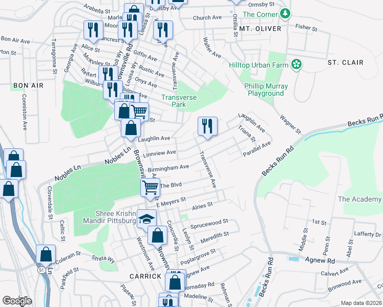 map of restaurants, bars, coffee shops, grocery stores, and more near 164 Laughlin Avenue in Pittsburgh