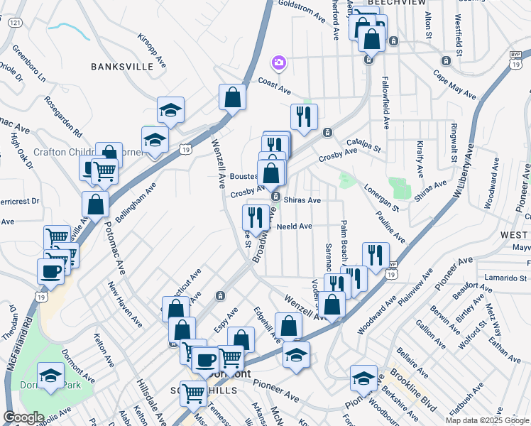 map of restaurants, bars, coffee shops, grocery stores, and more near 2732 Shiras Avenue in Pittsburgh