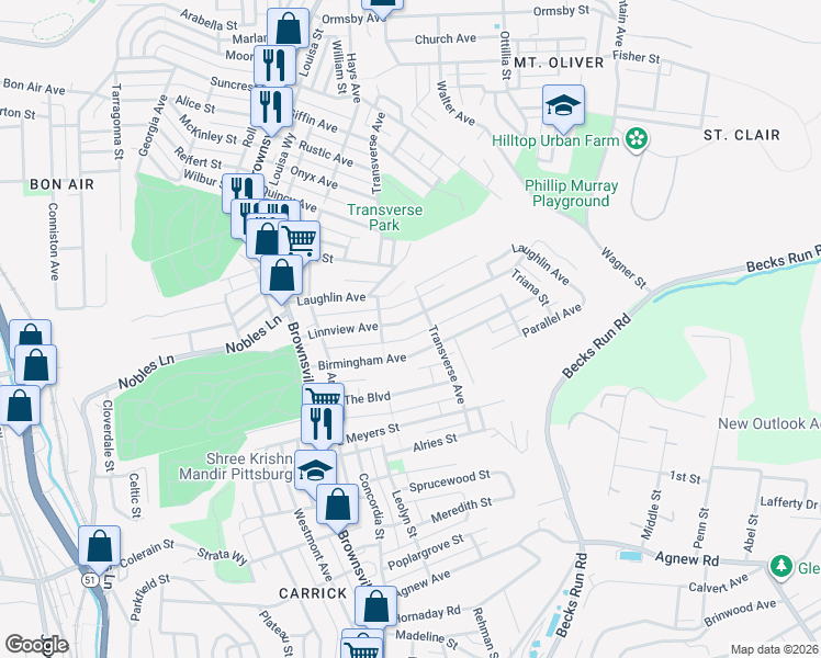 map of restaurants, bars, coffee shops, grocery stores, and more near 164 Laughlin Avenue in Pittsburgh