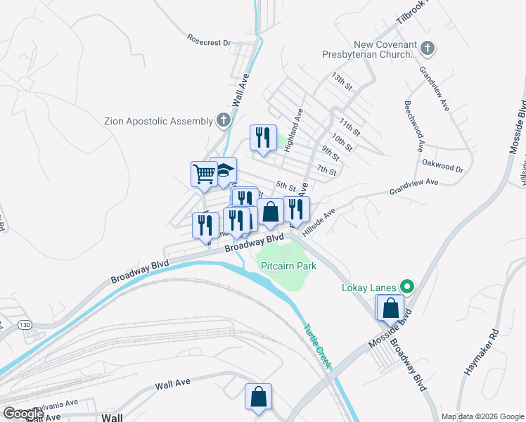 map of restaurants, bars, coffee shops, grocery stores, and more near 543 4th Street in Pitcairn