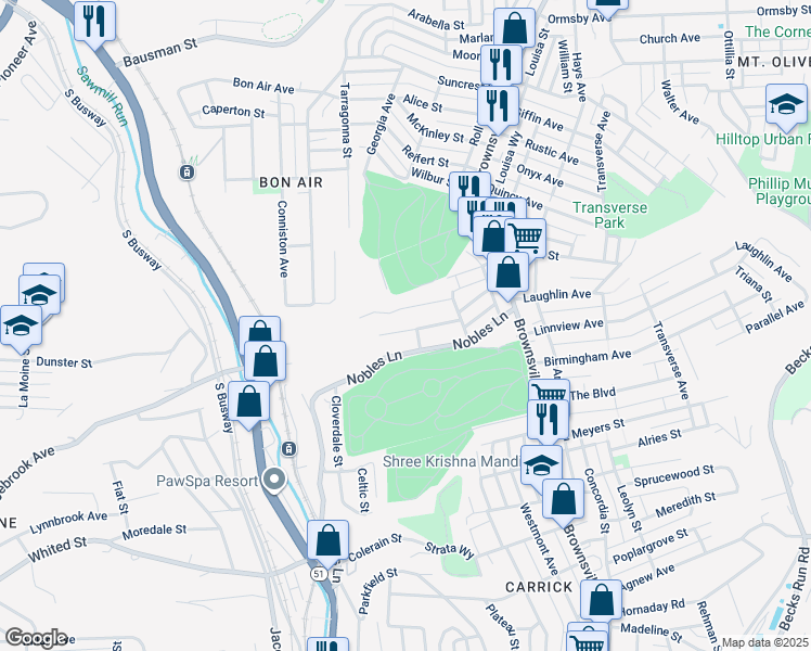 map of restaurants, bars, coffee shops, grocery stores, and more near 204 Minooka Street in Pittsburgh