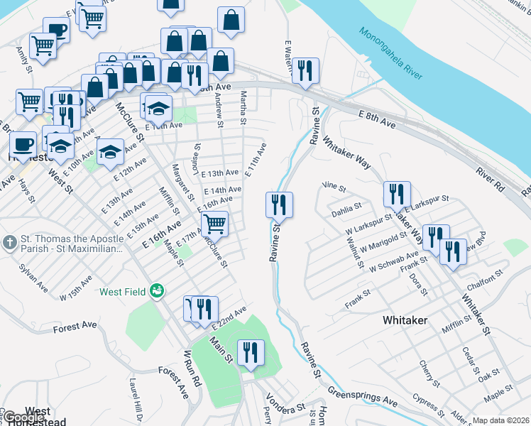 map of restaurants, bars, coffee shops, grocery stores, and more near 1034 Ravine Street in Munhall