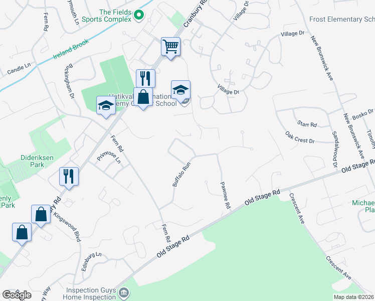 map of restaurants, bars, coffee shops, grocery stores, and more near 24 Cherokee Road in East Brunswick