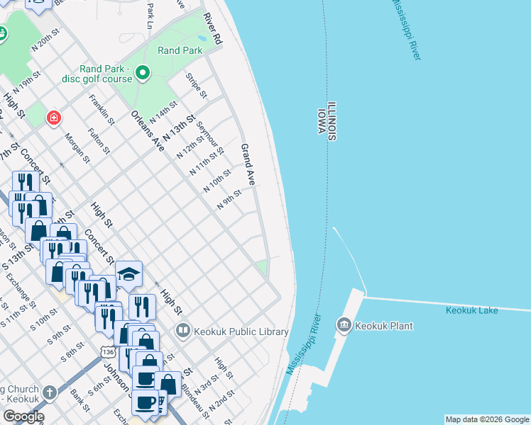 map of restaurants, bars, coffee shops, grocery stores, and more near 801 Grand Ave in Keokuk