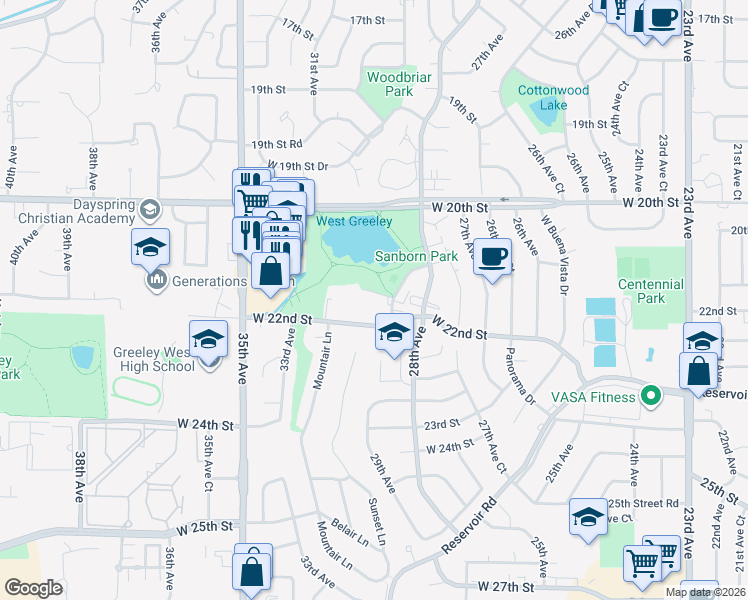 map of restaurants, bars, coffee shops, grocery stores, and more near 2840 West 21st Street in Greeley
