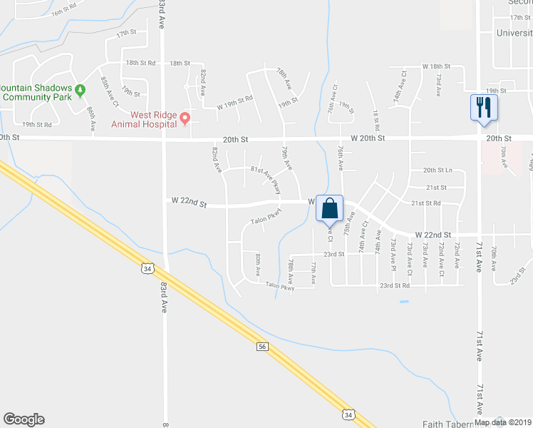 map of restaurants, bars, coffee shops, grocery stores, and more near 2213 Talon Parkway in Greeley