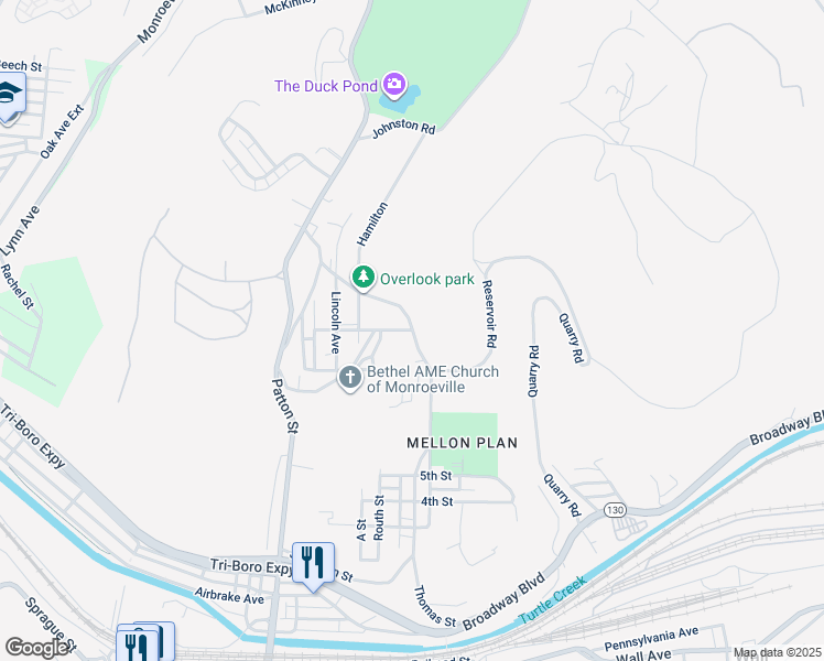 map of restaurants, bars, coffee shops, grocery stores, and more near 2743 Washington Street in Monroeville