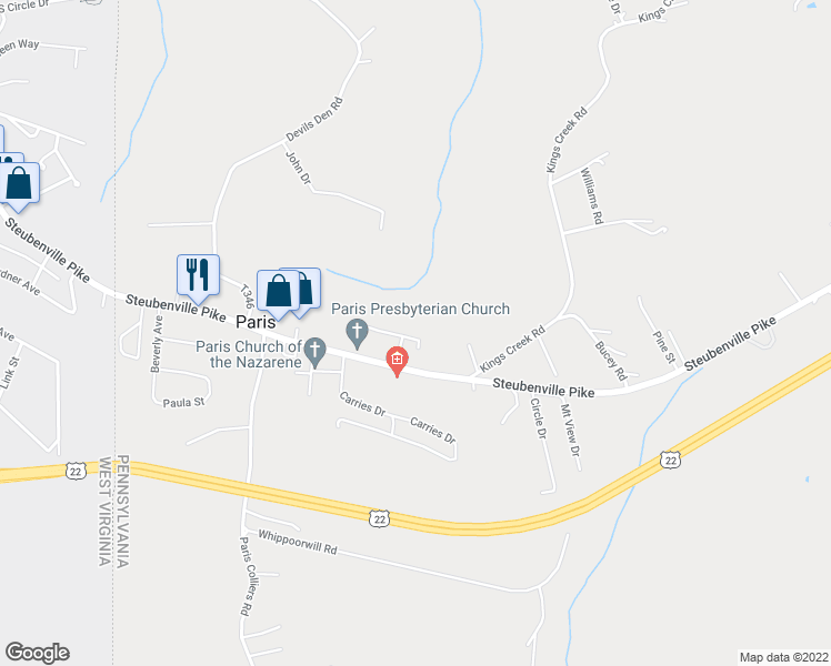 map of restaurants, bars, coffee shops, grocery stores, and more near 121 Church Street in Burgettstown