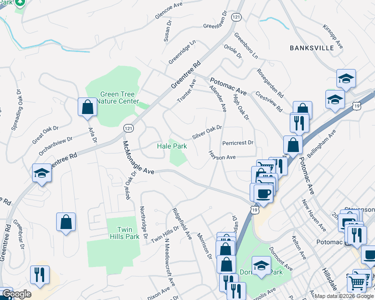 map of restaurants, bars, coffee shops, grocery stores, and more near 240 Silver Oak Drive in Pittsburgh
