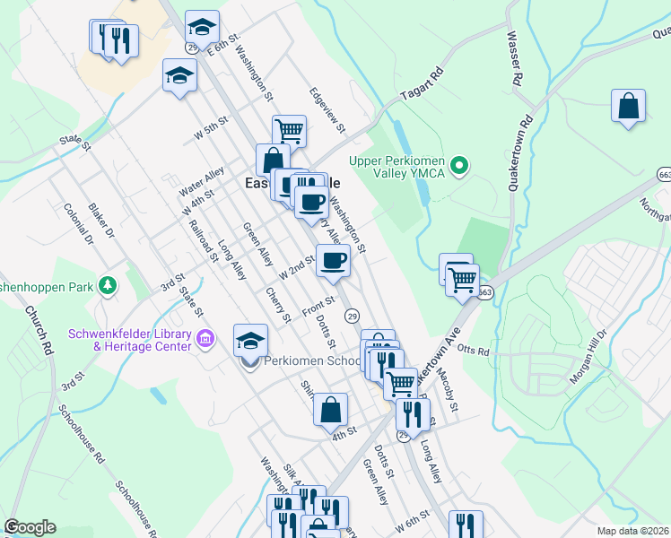 map of restaurants, bars, coffee shops, grocery stores, and more near 136 Washington Street in East Greenville