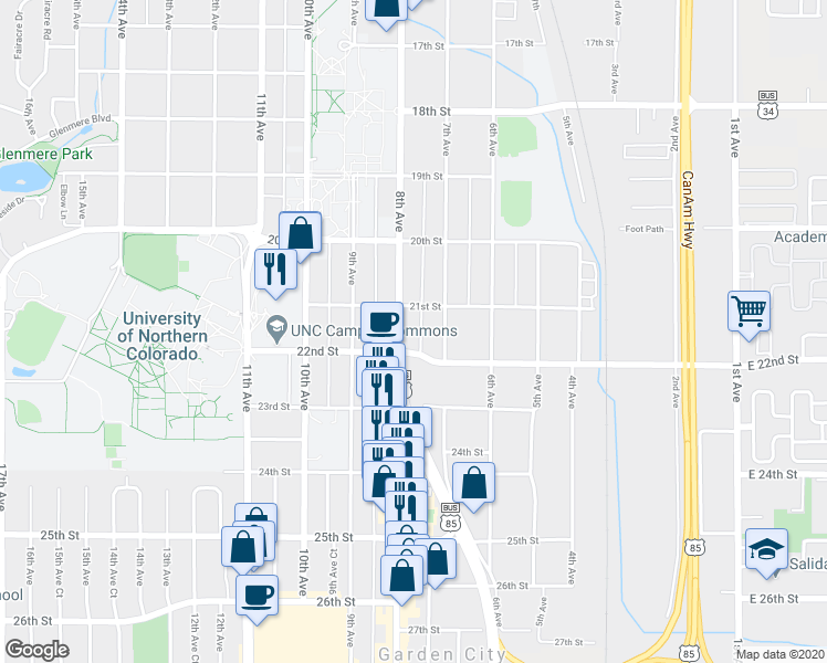 map of restaurants, bars, coffee shops, grocery stores, and more near 2102 U.S. 85 Business in Greeley