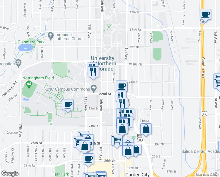 map of restaurants, bars, coffee shops, grocery stores, and more near 924 21st Street in Greeley