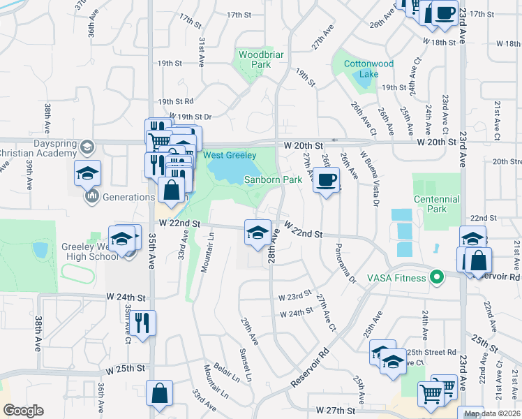 map of restaurants, bars, coffee shops, grocery stores, and more near 2126 28th Avenue Court in Greeley