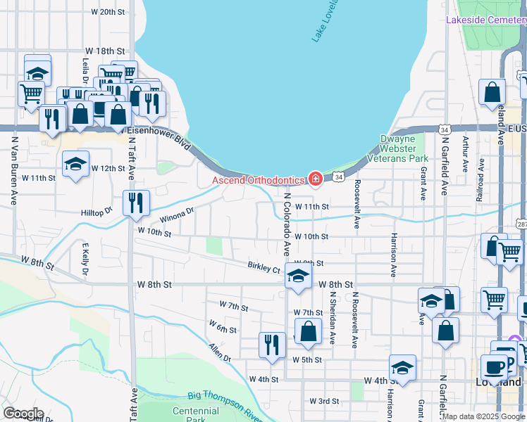 map of restaurants, bars, coffee shops, grocery stores, and more near 832 West Eisenhower Boulevard in Loveland