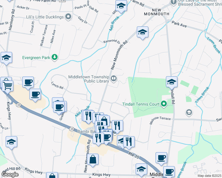 map of restaurants, bars, coffee shops, grocery stores, and more near 49 New Monmouth Road in Middletown