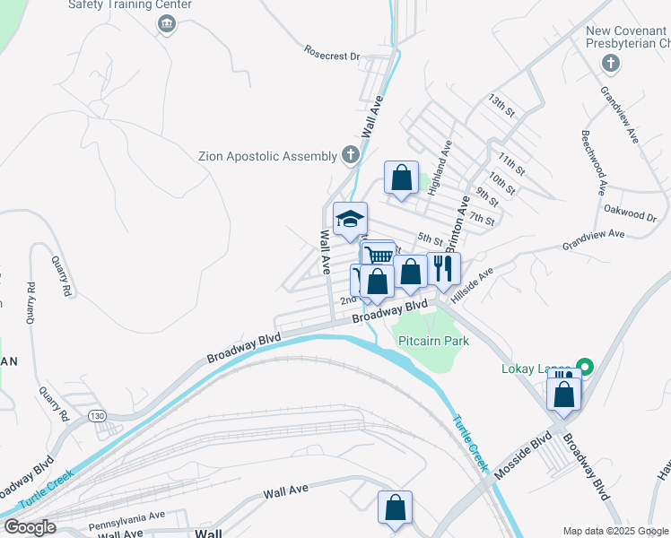 map of restaurants, bars, coffee shops, grocery stores, and more near 417 Wall Avenue in Pitcairn