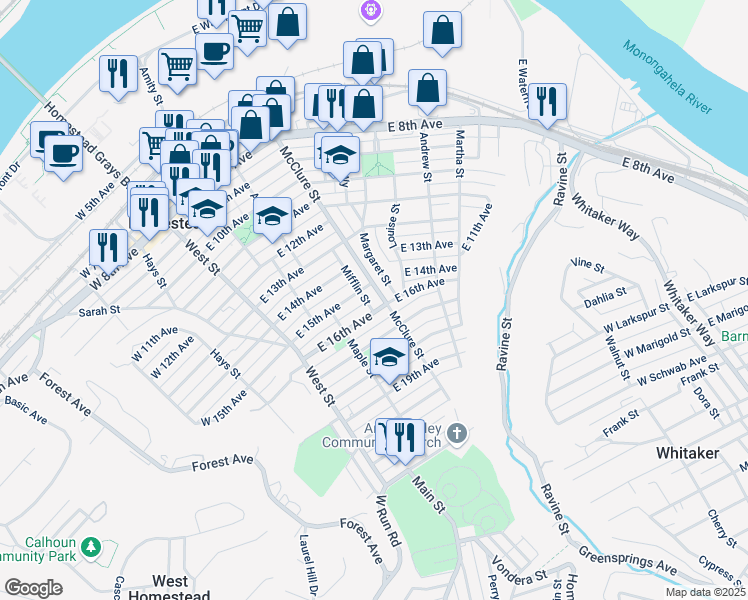 map of restaurants, bars, coffee shops, grocery stores, and more near 1420 McClure Street in Homestead