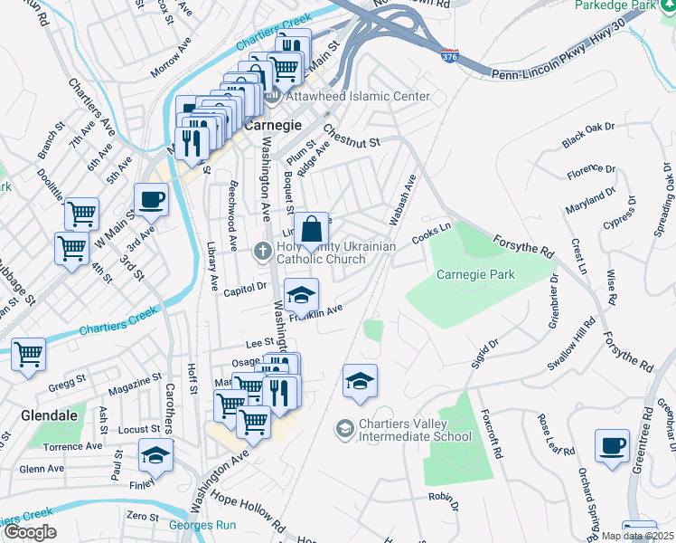 map of restaurants, bars, coffee shops, grocery stores, and more near 7 Hill Avenue in Carnegie