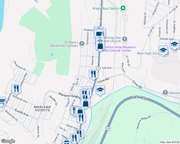 map of restaurants, bars, coffee shops, grocery stores, and more near 217 Lee Avenue in Weirton