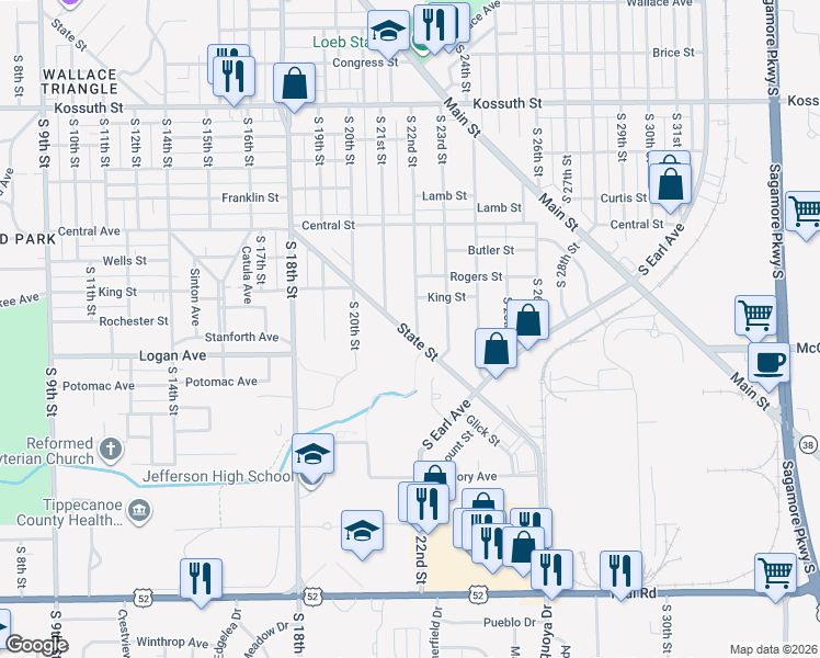 map of restaurants, bars, coffee shops, grocery stores, and more near 2104 State Street in Lafayette