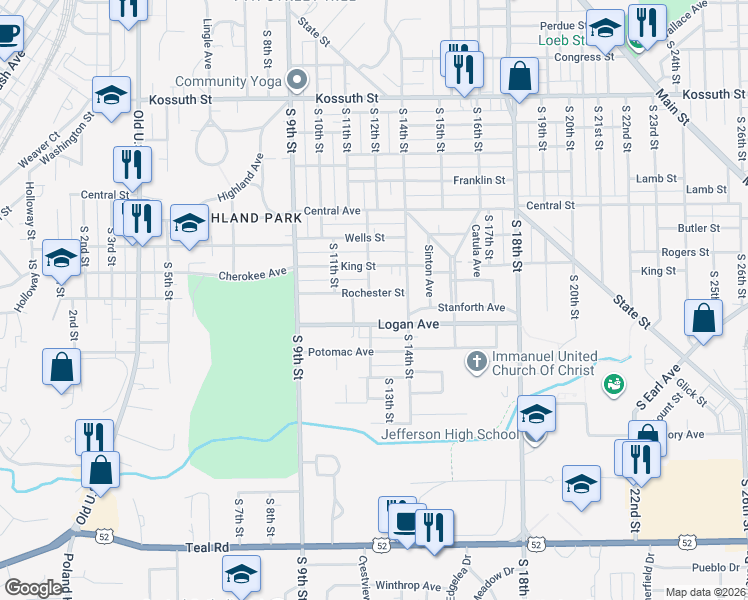 map of restaurants, bars, coffee shops, grocery stores, and more near 1307 South 12th Street in Lafayette