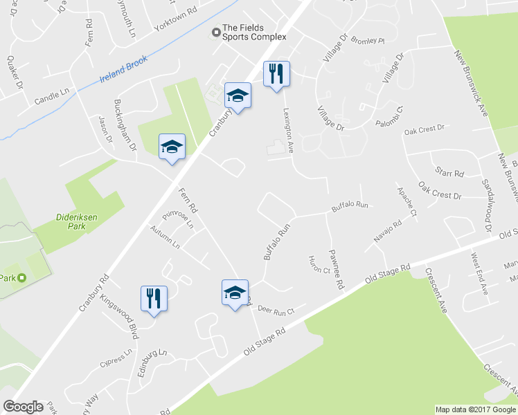 map of restaurants, bars, coffee shops, grocery stores, and more near 19 Cherokee Road in East Brunswick