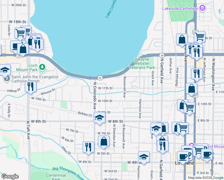 map of restaurants, bars, coffee shops, grocery stores, and more near 606 West 11th Street in Loveland