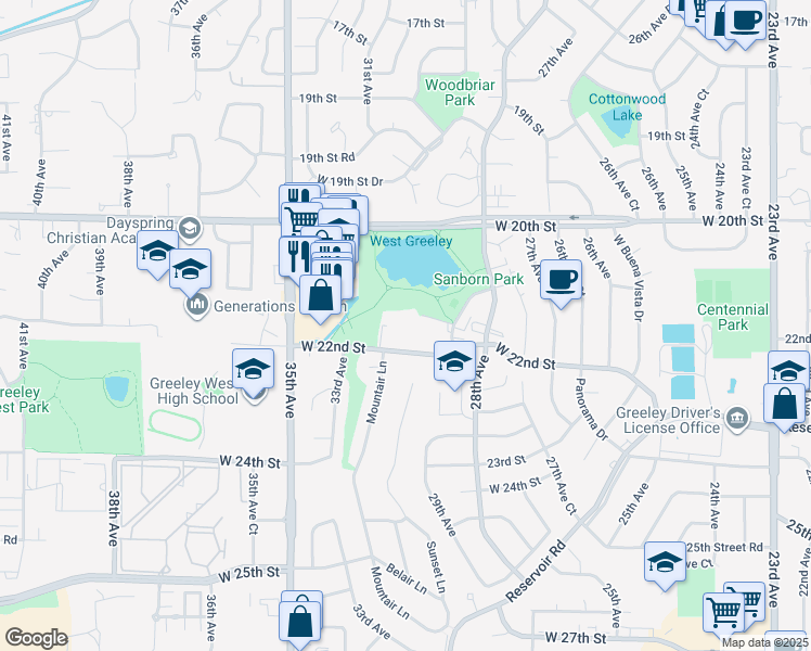 map of restaurants, bars, coffee shops, grocery stores, and more near 2840 West 21st Street in Greeley