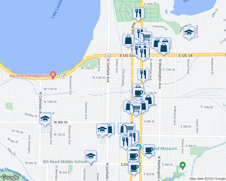 map of restaurants, bars, coffee shops, grocery stores, and more near 160 West 11th Street in Loveland