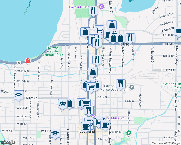 map of restaurants, bars, coffee shops, grocery stores, and more near 1109 North Lincoln Avenue in Loveland