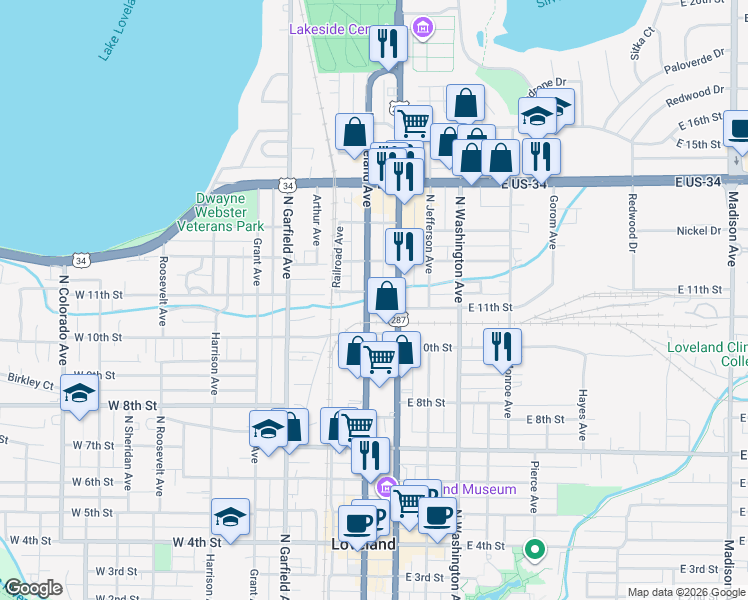 map of restaurants, bars, coffee shops, grocery stores, and more near 1109 North Lincoln Avenue in Loveland