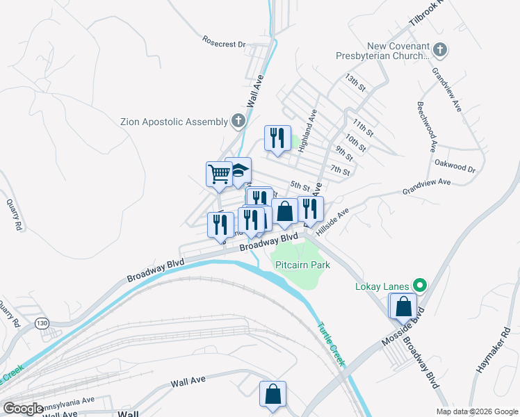 map of restaurants, bars, coffee shops, grocery stores, and more near 543 4th Street in Pitcairn