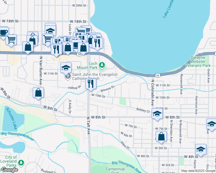 map of restaurants, bars, coffee shops, grocery stores, and more near 1205 Winona Drive in Loveland