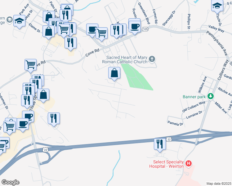 map of restaurants, bars, coffee shops, grocery stores, and more near 104-108 Braxton Rd in Weirton