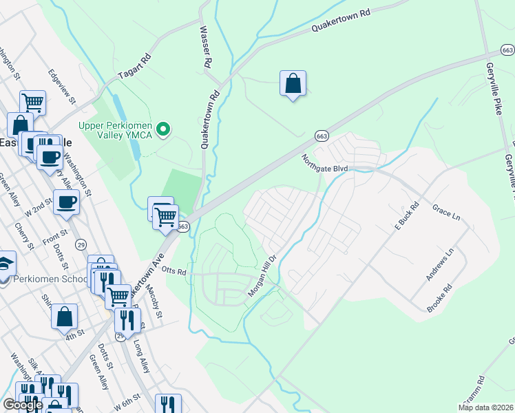 map of restaurants, bars, coffee shops, grocery stores, and more near 2148 Hanford Way in Pennsburg