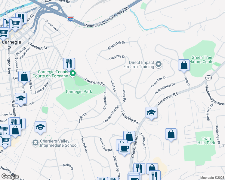 map of restaurants, bars, coffee shops, grocery stores, and more near 993 Crest Lane in Carnegie