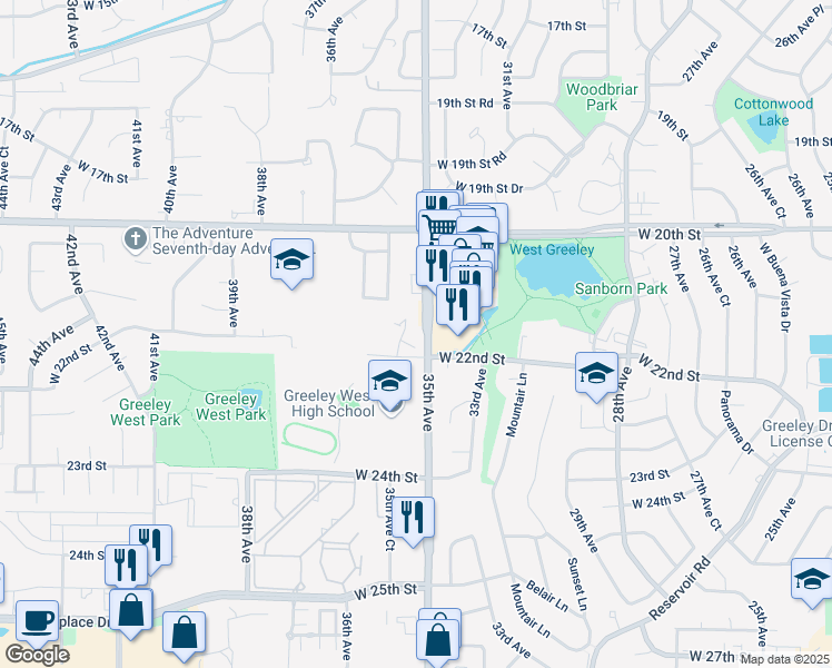 map of restaurants, bars, coffee shops, grocery stores, and more near 2172 35th Avenue Court in Greeley