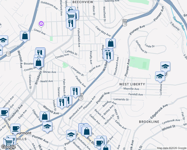 map of restaurants, bars, coffee shops, grocery stores, and more near 1998 Texdale Street in Pittsburgh