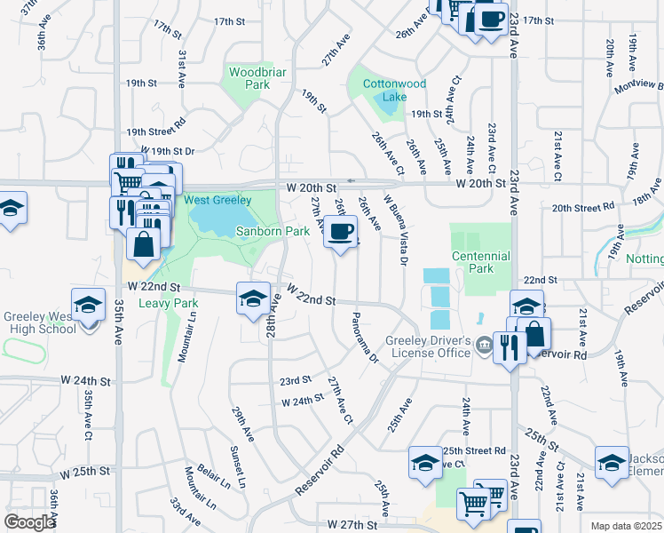 map of restaurants, bars, coffee shops, grocery stores, and more near 2113 26th Avenue Court in Greeley